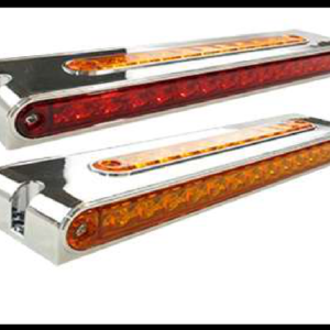 DIRECCIONAL LED 2 CARAS ROJO/AMBAR BISEL CROMADO 4 FUNCIONES ALTA, BAJA, ESTROBO Y LUZ SECUENCIAL 12-24V PIEZA MEDIDA: 31 X 6 X 2 CM