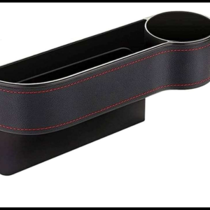 ORGANIZADOR CON PORTAVASO PARA ASIENTO DE AUTO  PLASTICO CON VINIL NEGRO Y COSTURA ROJA PIEZA